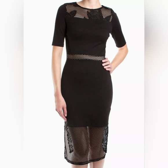 French Connection Floral Cage Lace Inset Midi Dress Black - Picture 2 of 8